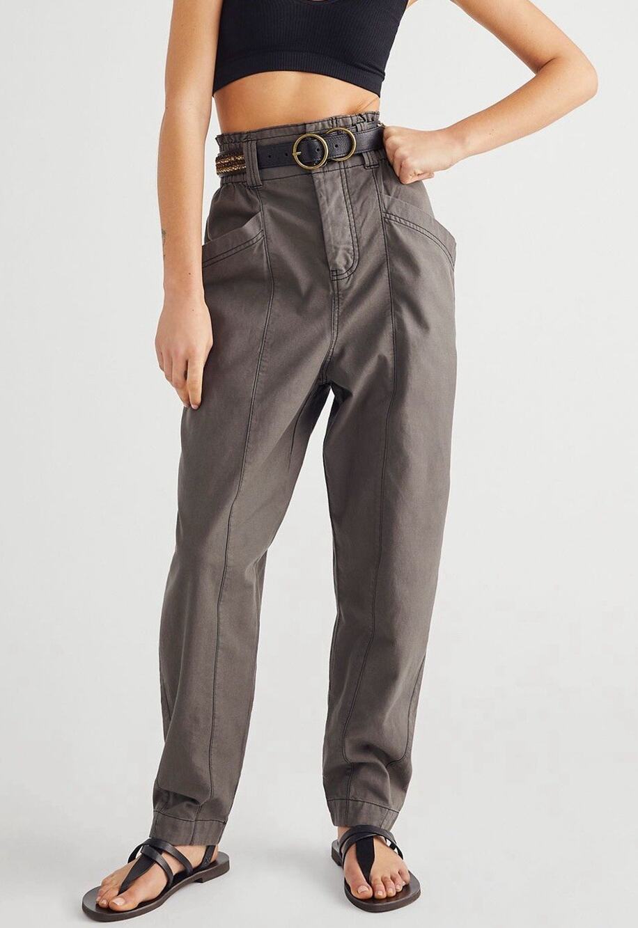 FREE PEOPLE Ready To Run Cinch High Waist Army Olive Green Paperbag Pants S